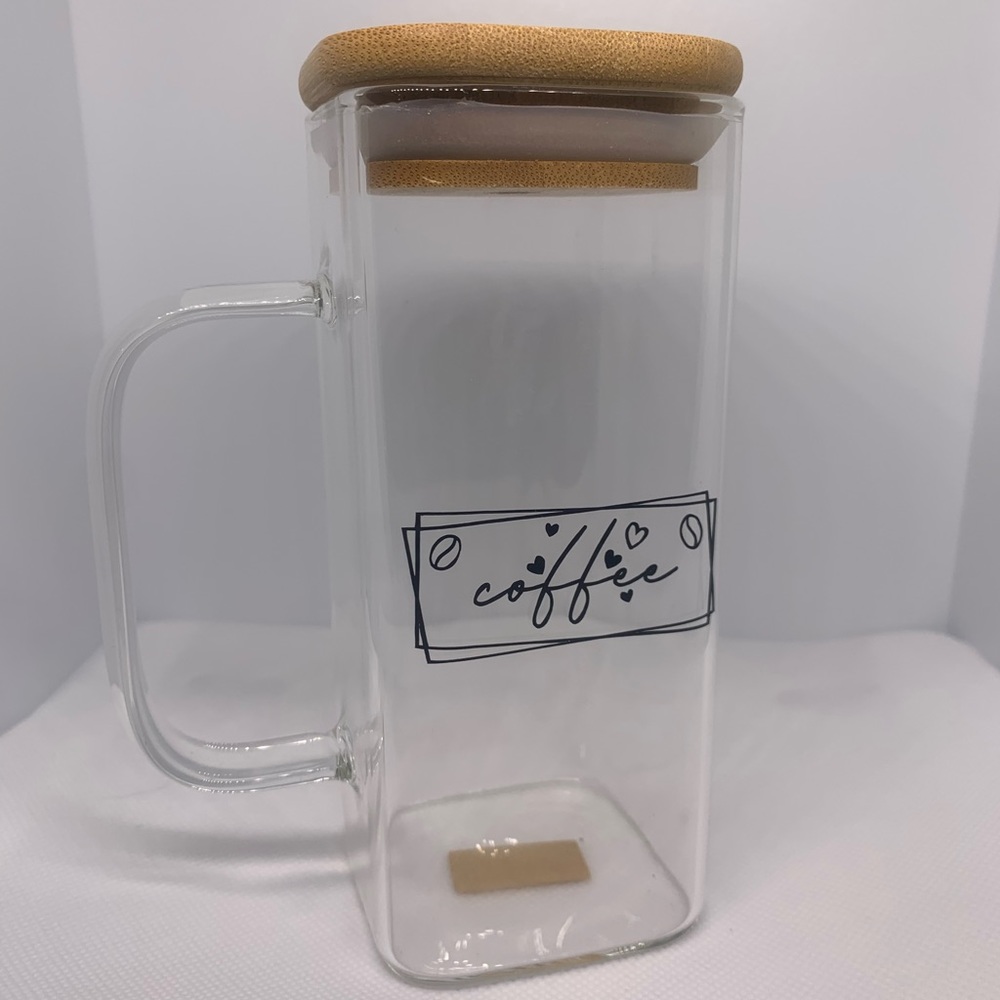 Square cup with handle, bamboo lid, and straw